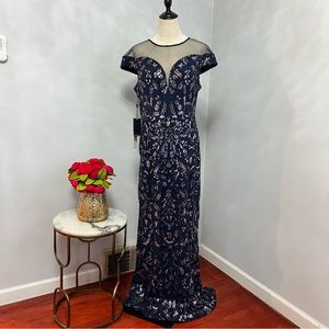 Adrianna Papell Navy Blue Embellished Illusion Sequins Gown -New W/ Tag- Reemoly